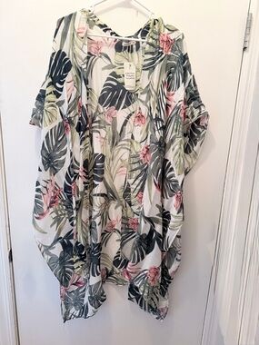 Floral Leaf Kimono Cardigan - White with Green & Pink